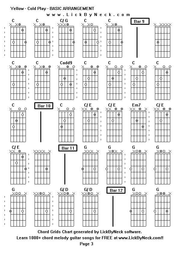 Chord Grids Chart of chord melody fingerstyle guitar song-Yellow - Cold Play - BASIC ARRANGEMENT,generated by LickByNeck software.